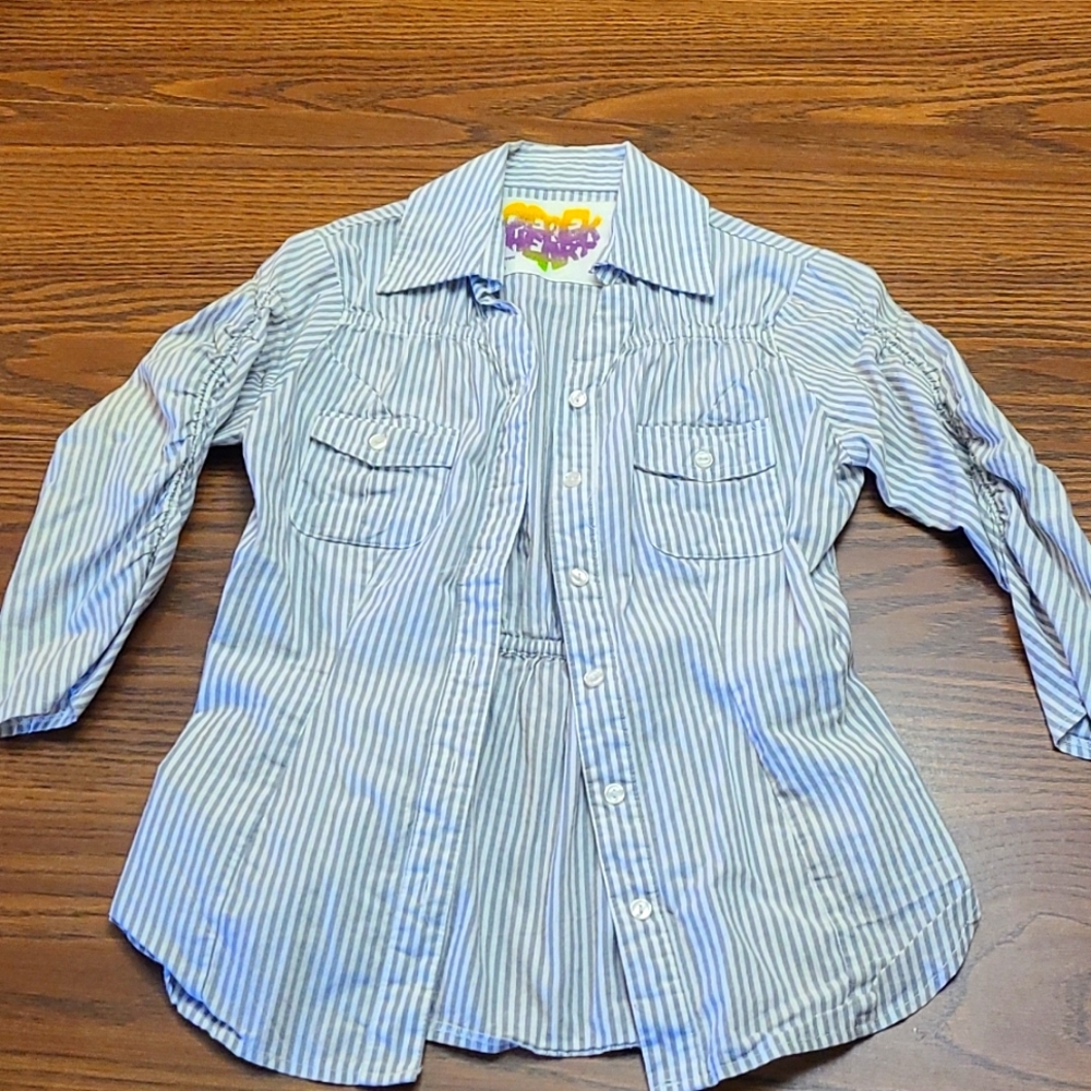 Gray Striped 3 Quarter Sleeve Button Up Shirt